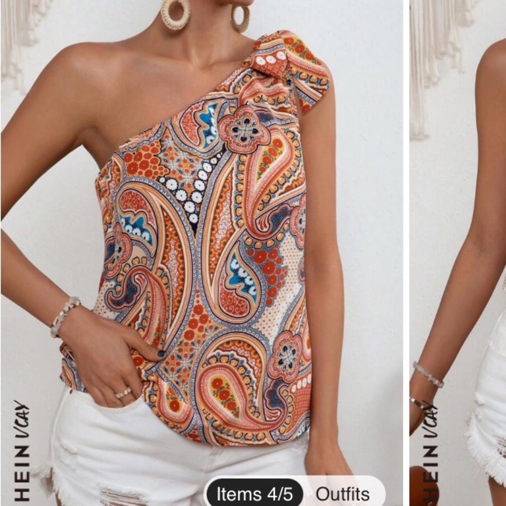 SHEIN VCAY Paisley Print One Shoulder Knot Detail Blouse